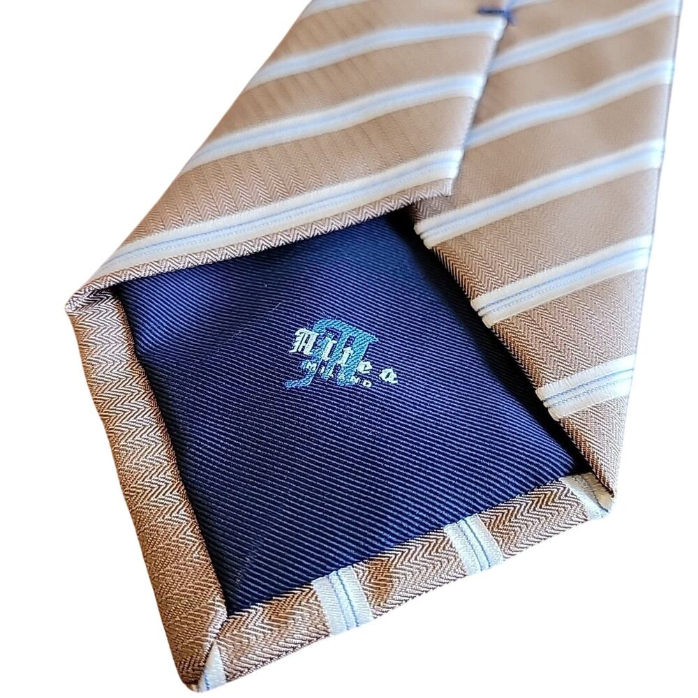 ALTEA MILANO SILK TIE CREAM TAN BROWN SMALL STRIPE TEXTURED 3.5"